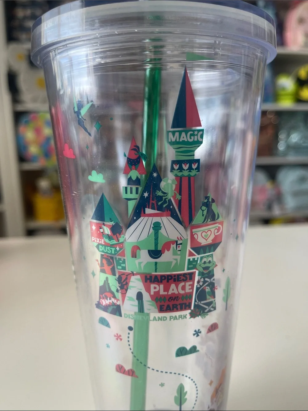 Starbucks Disney parks 24oz Clear Tumbler with Green Straw. Disneyland and DCA